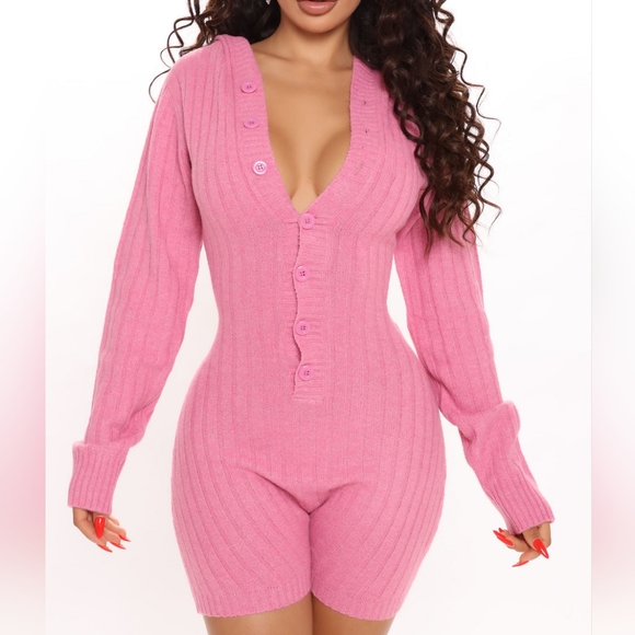 Fashion Nova Pink Ribbed Button Up Hooded Shorts Romper with Ears XS - Picture 2 of 5